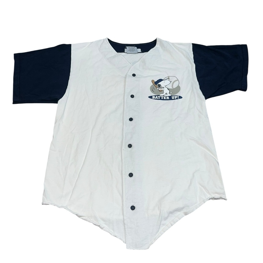 VTG 90s Peanuts Snoopy Baseball Jersey Batter Up! Size Medium USA White Blue A3